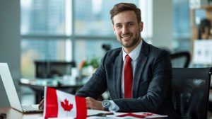 businessman with canadian flag office
