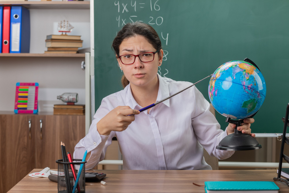 
Young woman teacher wearing glasses holding globe pointing